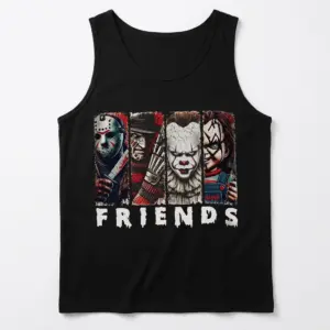 Horror Movie Characters Friends T-Shirt 8 Front view of a black tank top showcasing a mashup of classic horror movie icons with a humorous twist.