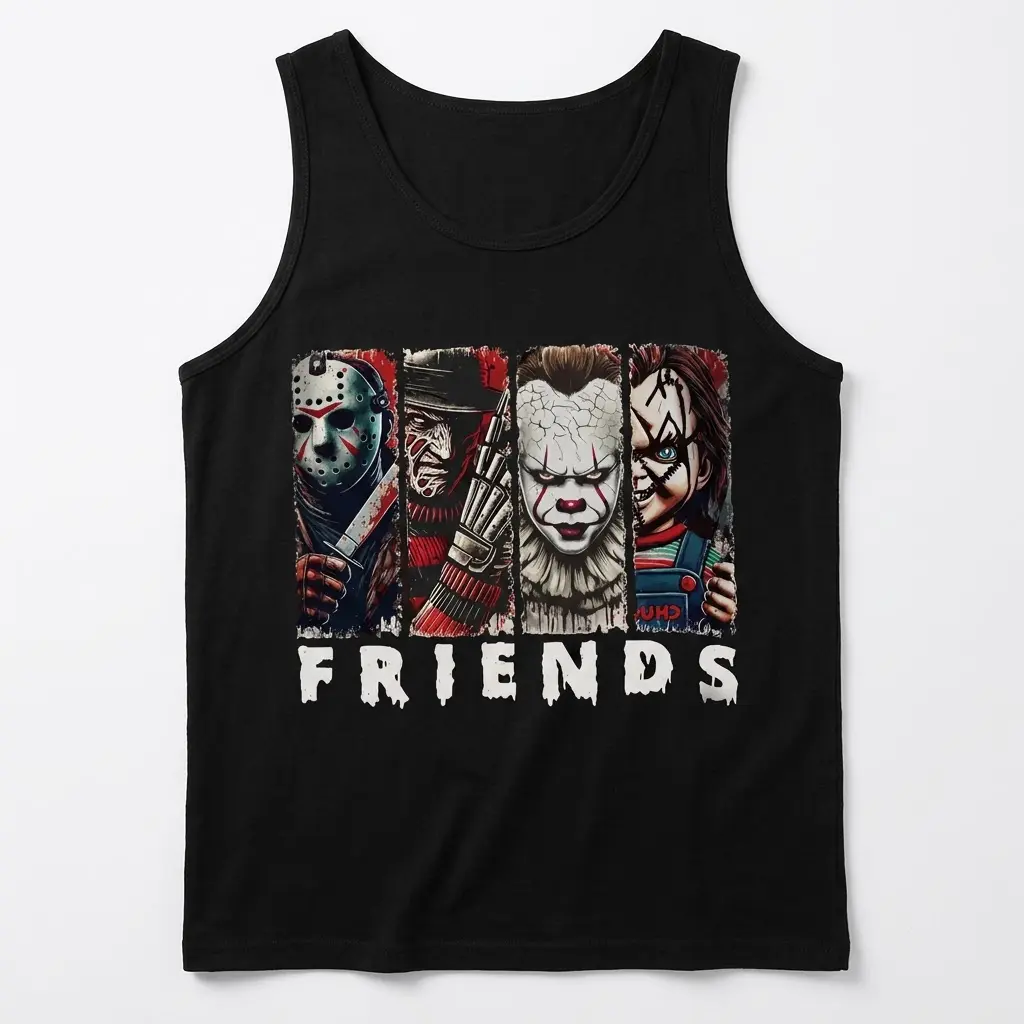 Horror Movie Characters Friends T-Shirt 3 Front view of a black tank top showcasing a mashup of classic horror movie icons with a humorous twist.