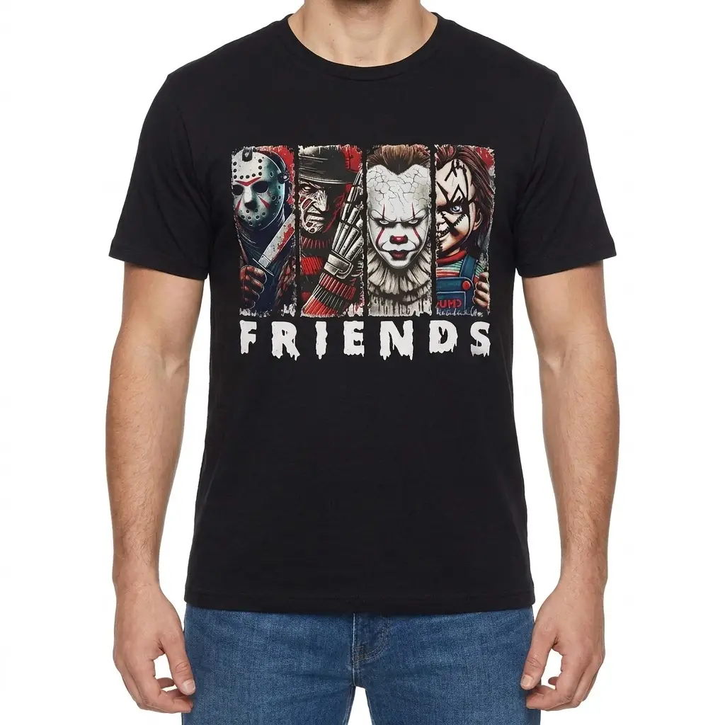 Horror Movie Characters Friends T-Shirt 4 Model wearing a black Horror Friends T-Shirt, displaying a fun design with classic horror characters.