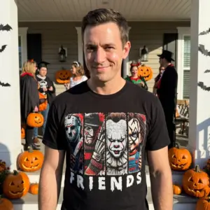 Horror Movie Characters Friends T-Shirt 10 Person casually sporting the Horror Friends T-Shirt in a relaxed, festive Halloween setting.