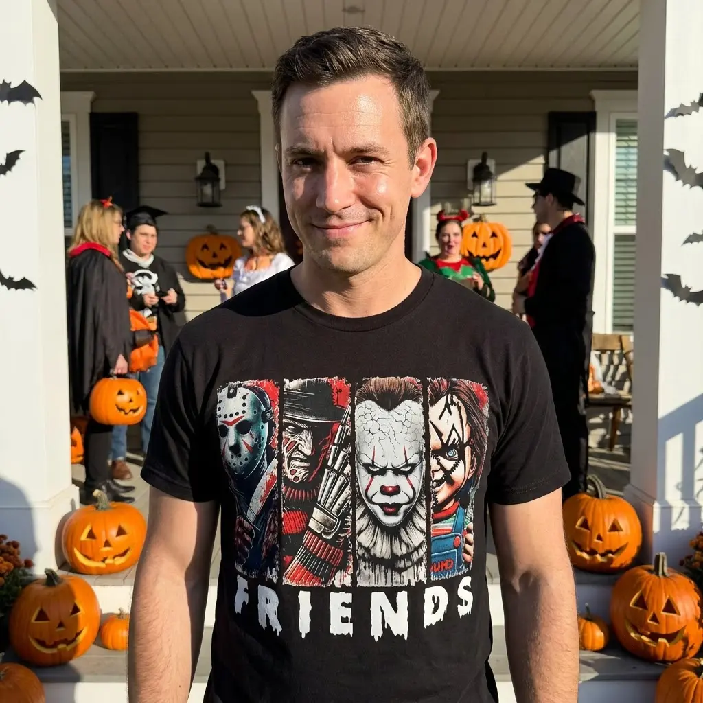 Horror Movie Characters Friends T-Shirt 5 Person casually sporting the Horror Friends T-Shirt in a relaxed, festive Halloween setting.