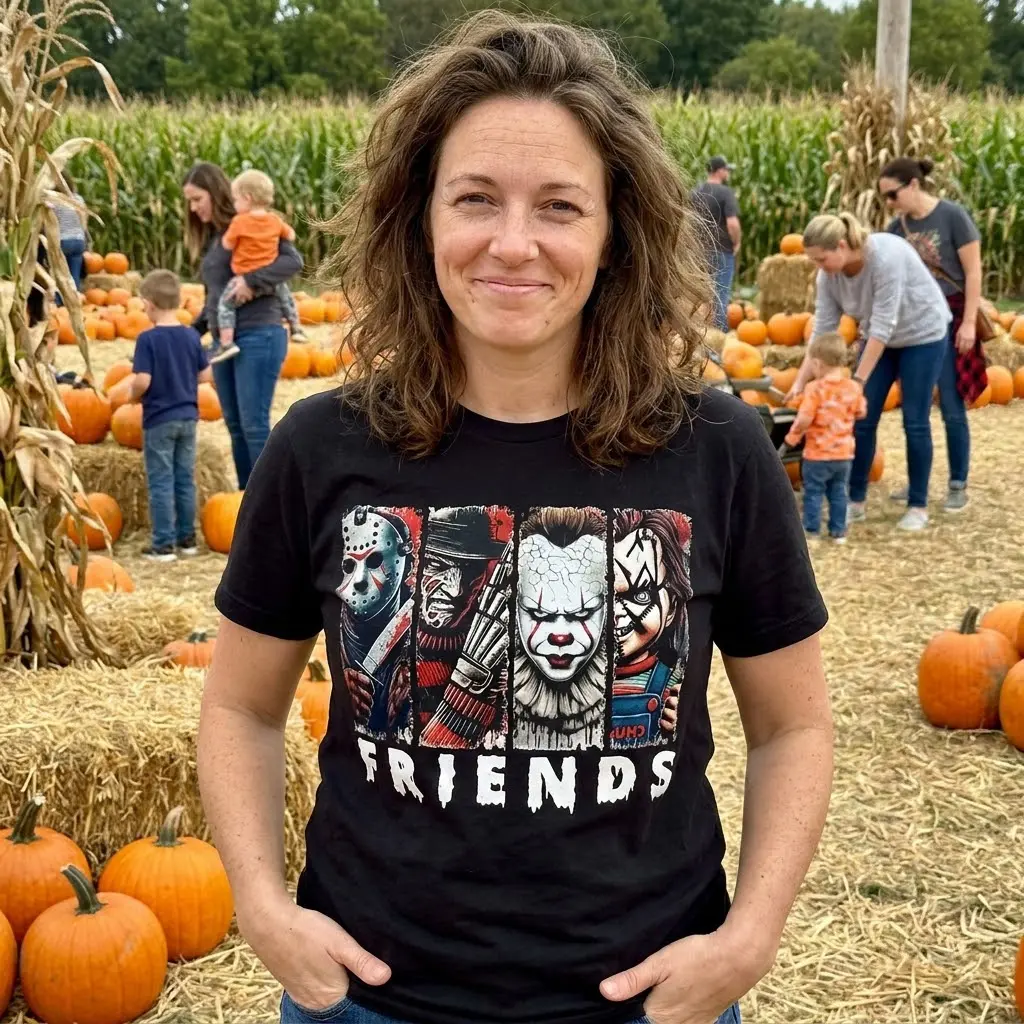 Horror Movie Characters Friends T-Shirt 6 Individual in a black Horror Friends T-Shirt enjoying a Halloween gathering, surrounded by seasonal decorations.