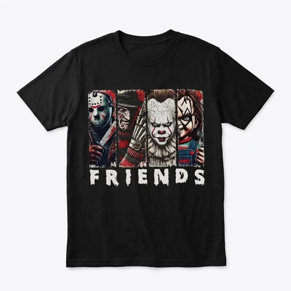 Horror Movie Characters Friends T-Shirt 1 Front view of a black Horror Friends T-Shirt featuring iconic horror characters in a humorous design.