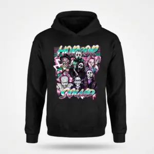 Horror Squad Halloween T-Shirt 7 Front flat lay of Horror Squad design on a hoodie.