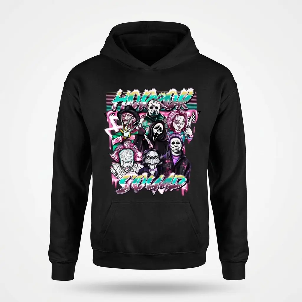 Horror Squad Halloween T-Shirt 2 Front flat lay of Horror Squad design on a hoodie.