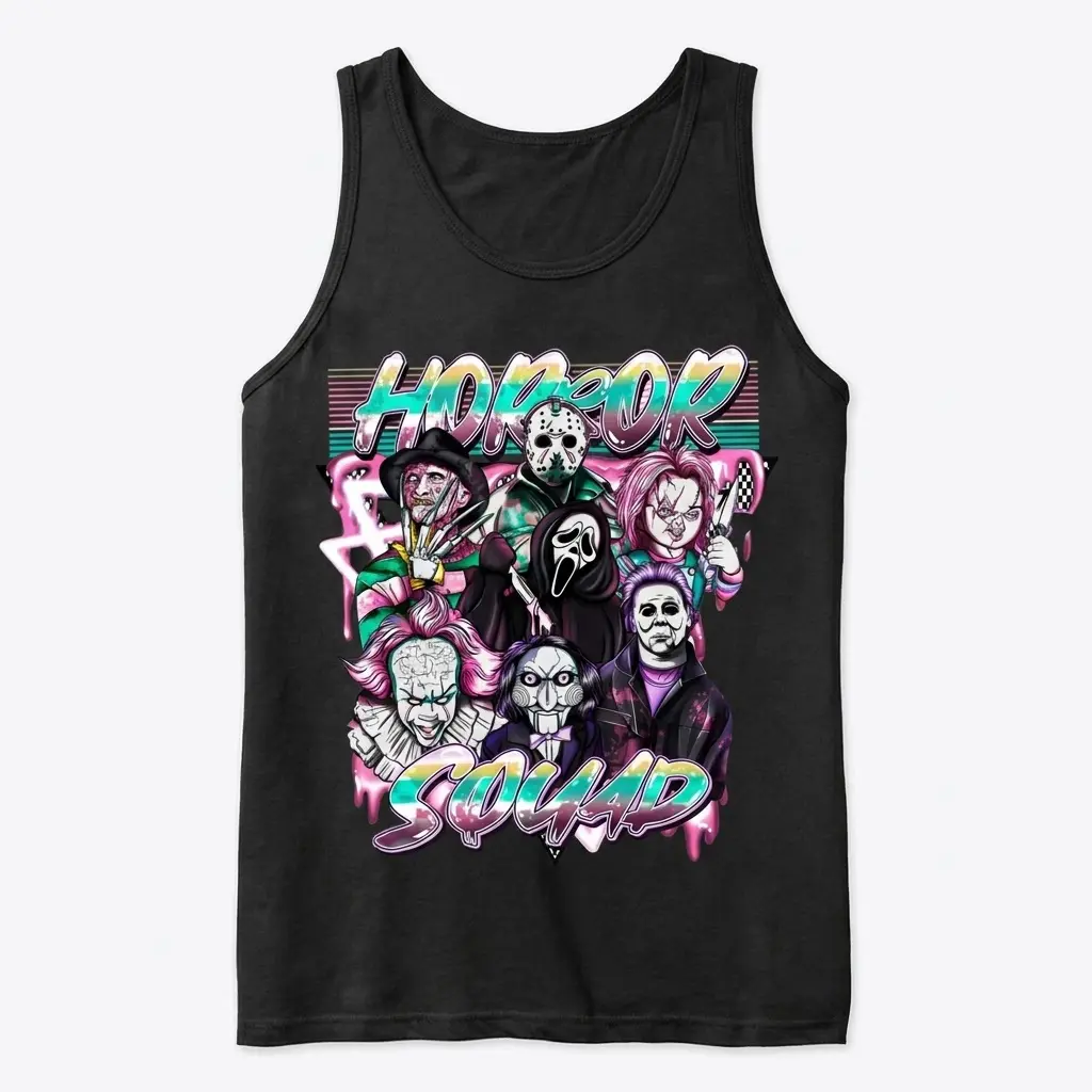 Horror Squad Halloween T-Shirt 3 Front flat lay of Horror Squad design on a tank top.