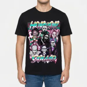 Horror Squad Halloween T-Shirt 9 Man wearing Horror Squad T-Shirt showcasing front design.