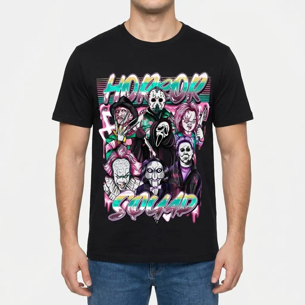 Horror Squad Halloween T-Shirt 4 Man wearing Horror Squad T-Shirt showcasing front design.