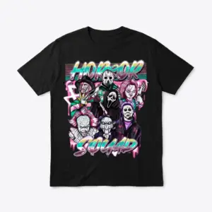 Front flat lay of Horror Squad T-Shirt featuring iconic spooky figures.