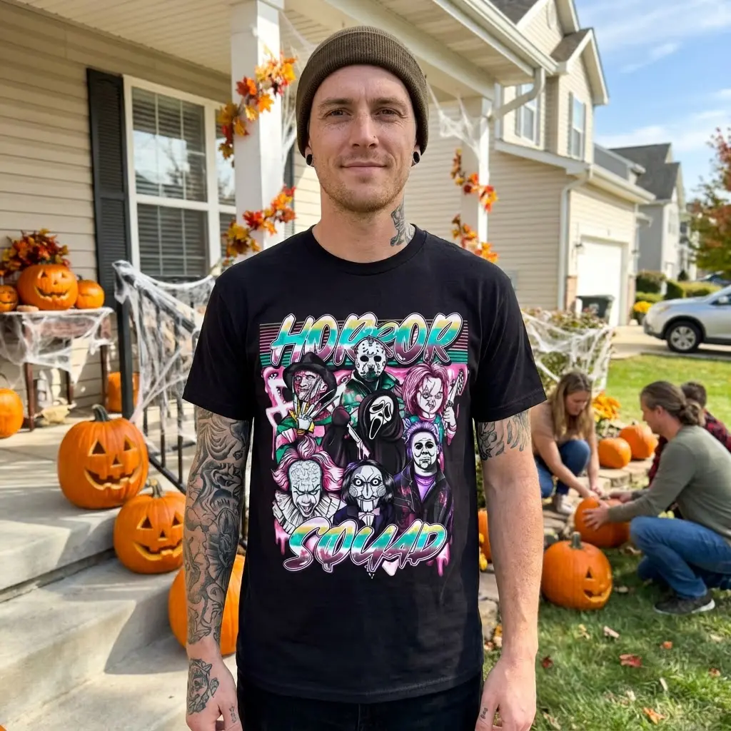 Horror Squad Halloween T-Shirt 5 Person in casual setting wearing Horror Squad T-Shirt.
