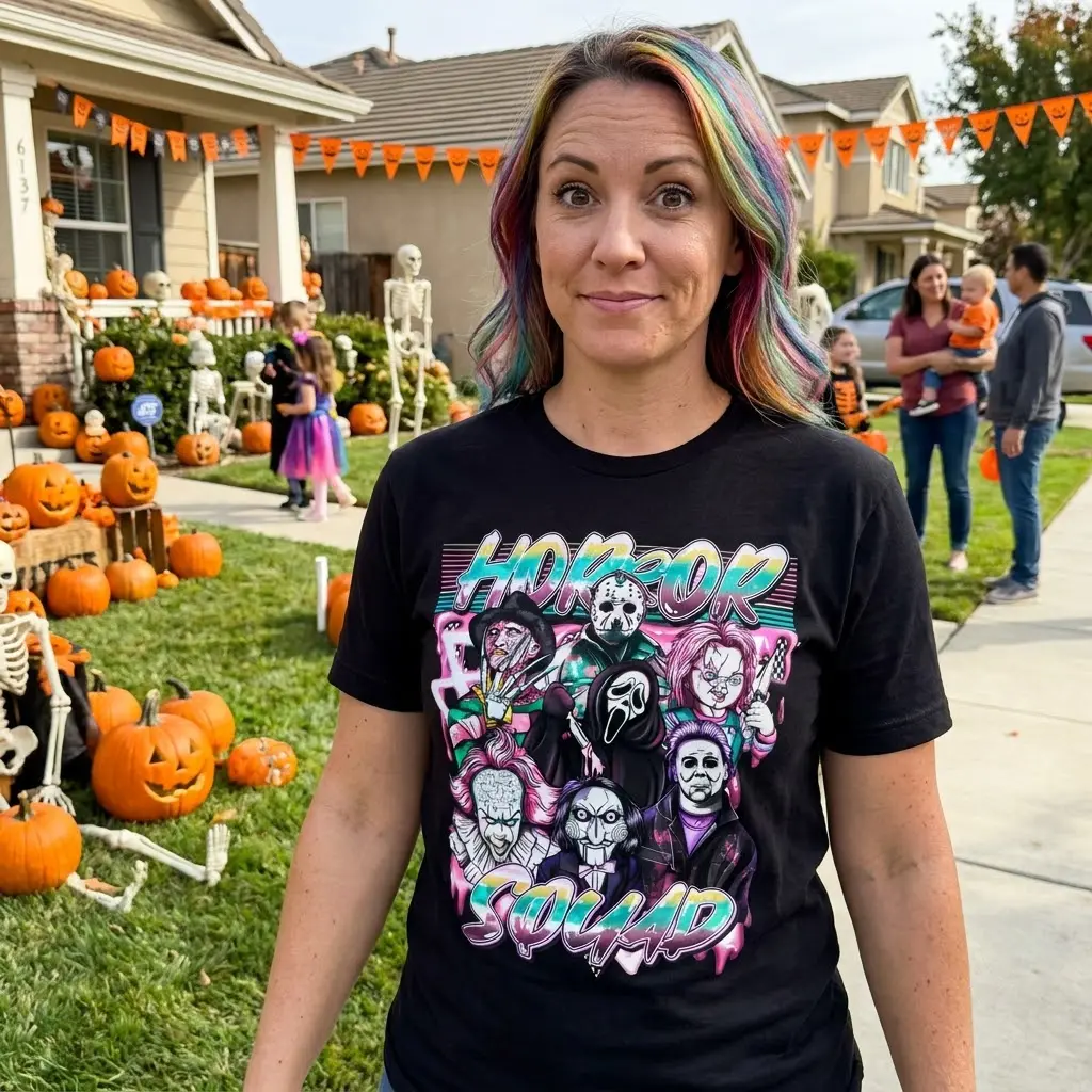 Horror Squad Halloween T-Shirt 6 Horror Squad T-Shirt styled in an urban environment.