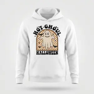 Hot Ghoul Halloween Retro Ghost T-Shirt 7 Hoodie with a playful "Hot Ghoul Halloween" design, showing a cute ghost, bats, and stars over a retro checkerboard arch.