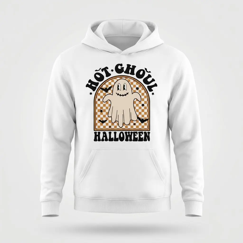 Hot Ghoul Halloween Retro Ghost T-Shirt 2 Hoodie with a playful "Hot Ghoul Halloween" design, showing a cute ghost, bats, and stars over a retro checkerboard arch.