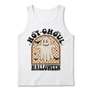 Hot Ghoul Halloween Retro Ghost T-Shirt 8 Tanktop displaying a cute retro "Hot Ghoul Halloween" graphic with a smiling ghost, flying bats, and stars on a checkered background.