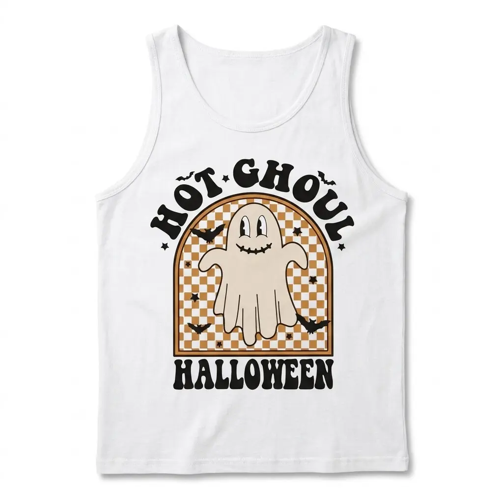 Hot Ghoul Halloween Retro Ghost T-Shirt 3 Tanktop displaying a cute retro "Hot Ghoul Halloween" graphic with a smiling ghost, flying bats, and stars on a checkered background.