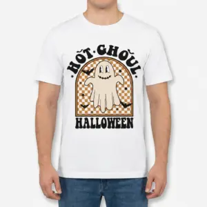 Hot Ghoul Halloween Retro Ghost T-Shirt 9 Front view of a man wearing the white "Hot Ghoul Halloween" t-shirt with a retro ghost, bats, and stars design.