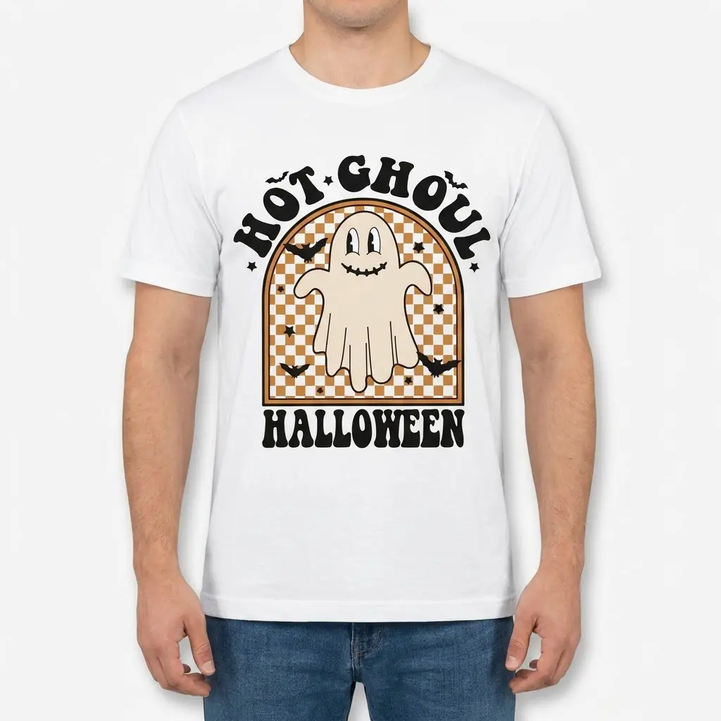 Hot Ghoul Halloween Retro Ghost T-Shirt 4 Front view of a man wearing the white "Hot Ghoul Halloween" t-shirt with a retro ghost, bats, and stars design.