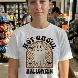 Hot Ghoul Halloween Retro Ghost T-Shirt 10 The 'Hot Ghoul Halloween' shirt, featuring a cute retro ghost design, shown in a casual lifestyle setting.