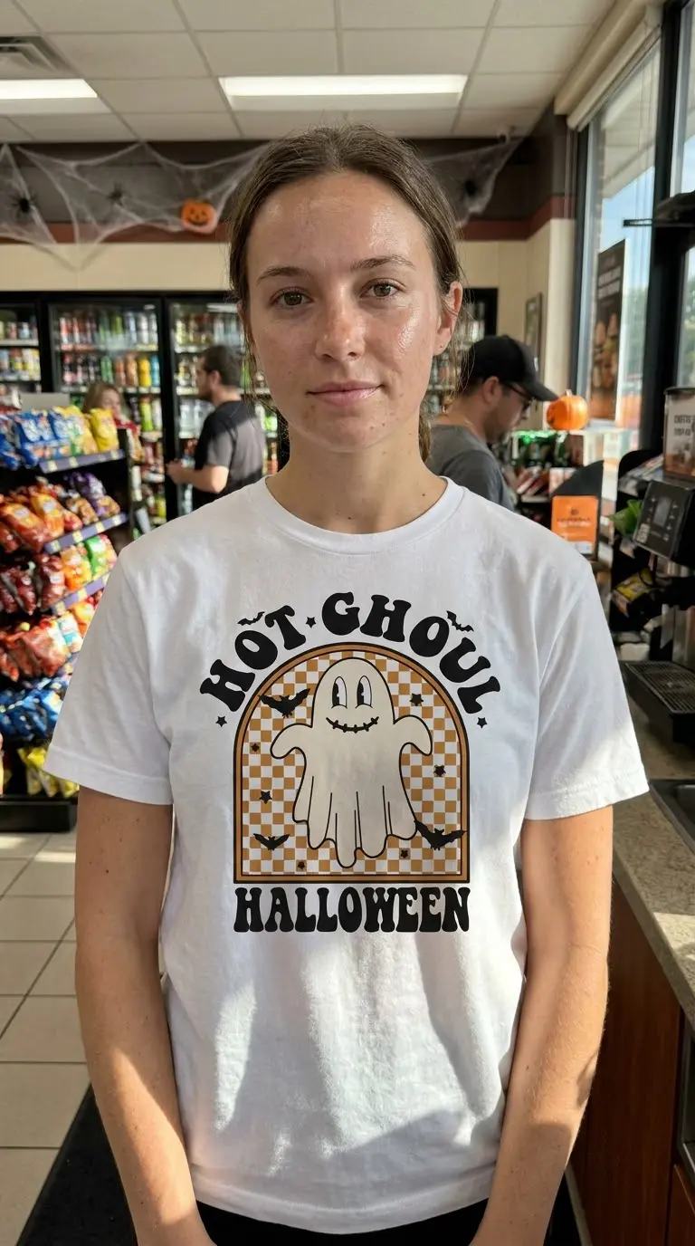 Hot Ghoul Halloween Retro Ghost T-Shirt 5 The 'Hot Ghoul Halloween' shirt, featuring a cute retro ghost design, shown in a casual lifestyle setting.