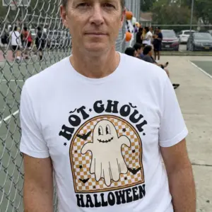 Hot Ghoul Halloween Retro Ghost T-Shirt 11 The playful 'Hot Ghoul Halloween' ghost graphic, displayed on the product in a natural, everyday setting.