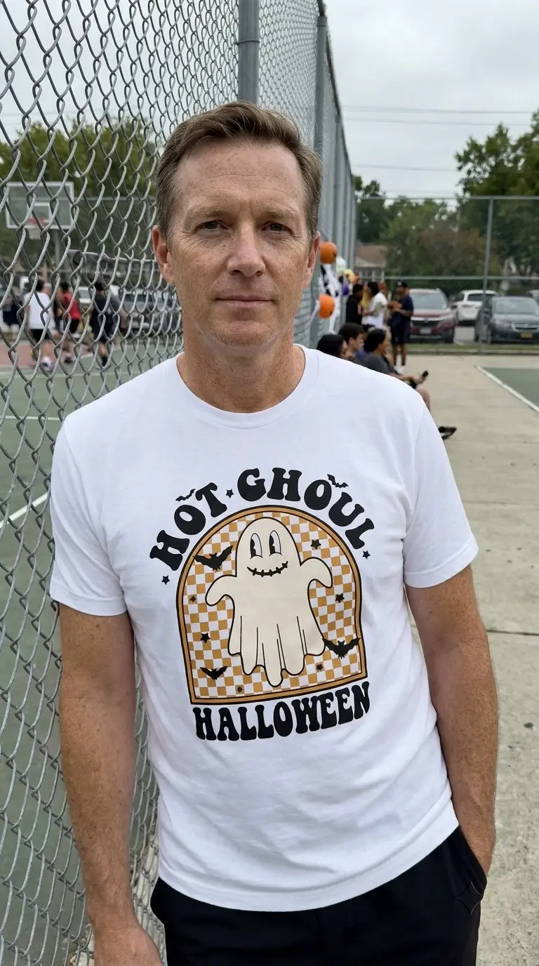 Hot Ghoul Halloween Retro Ghost T-Shirt 6 The playful 'Hot Ghoul Halloween' ghost graphic, displayed on the product in a natural, everyday setting.