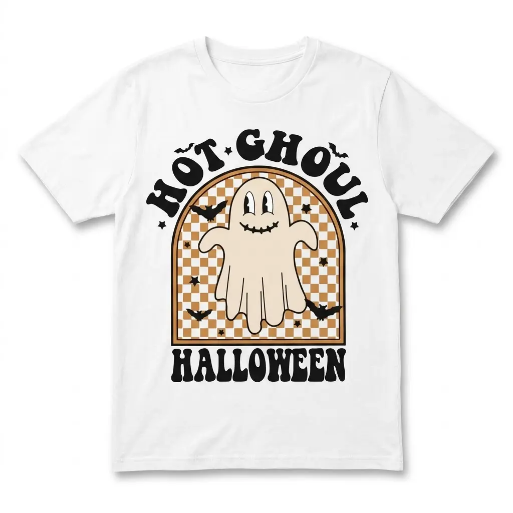 Hot Ghoul Halloween Retro Ghost T-Shirt 1 White t-shirt with a retro "Hot Ghoul Halloween" graphic featuring a friendly ghost, bats, and stars on a checkered arch.