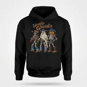 Howdy Ghouls Western Halloween T-Shirt 7 Hoodie design showcasing cowboy skeletons in a Halloween theme.