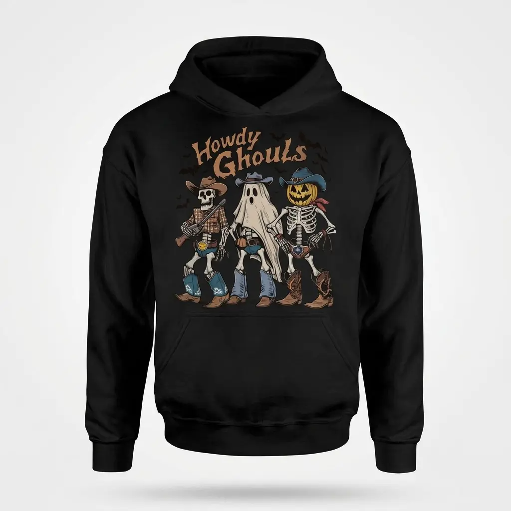Howdy Ghouls Western Halloween T-Shirt 2 Hoodie design showcasing cowboy skeletons in a Halloween theme.