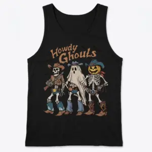 Howdy Ghouls Western Halloween T-Shirt 8 Tank top with a graphic of cowboy-themed Halloween characters.