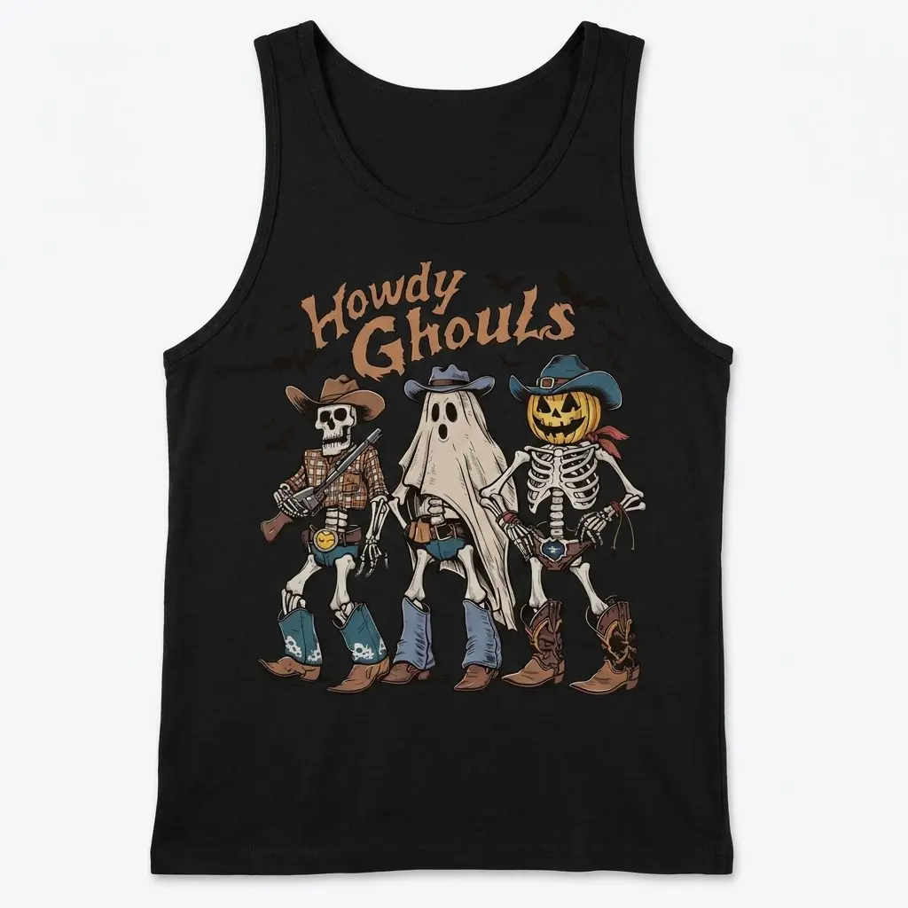Howdy Ghouls Western Halloween T-Shirt 3 Tank top with a graphic of cowboy-themed Halloween characters.