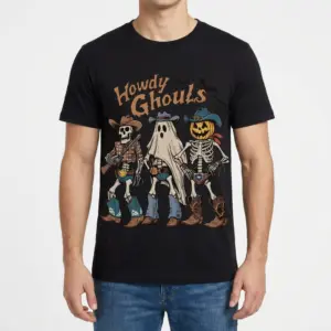 Howdy Ghouls Western Halloween T-Shirt 9 Male model wearing a Western Halloween T-Shirt with cowboy graphics.