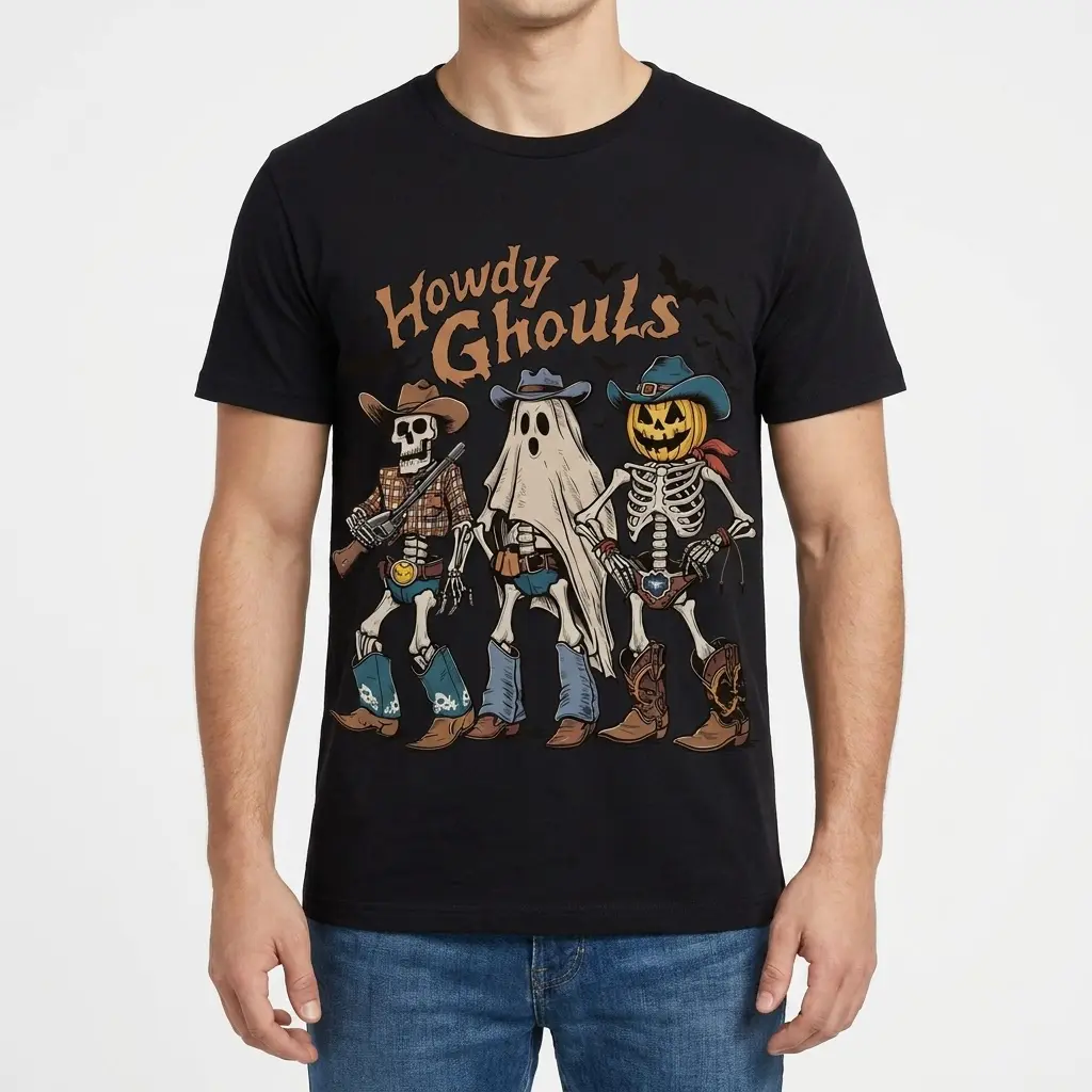 Howdy Ghouls Western Halloween T-Shirt 4 Male model wearing a Western Halloween T-Shirt with cowboy graphics.
