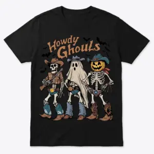 Front view of a Western Halloween T-Shirt featuring cowboy skeletons.