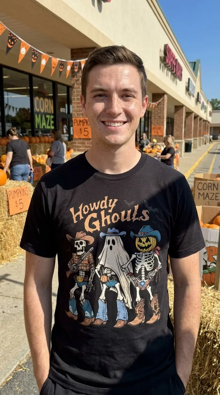 Howdy Ghouls Western Halloween T-Shirt 5 Young adult wearing a Western Halloween T-Shirt in a casual setting.