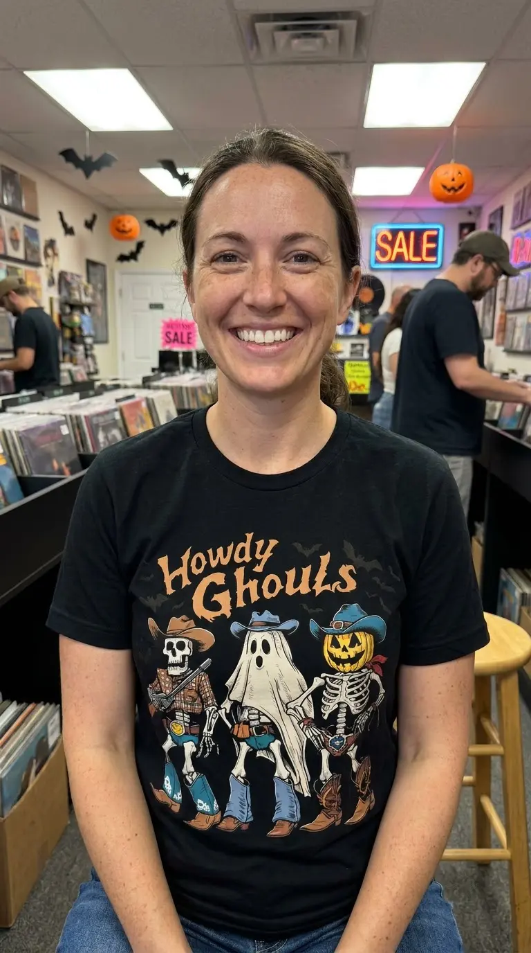 Howdy Ghouls Western Halloween T-Shirt 6 Person dressed in a Western Halloween T-Shirt enjoying a festive environment.