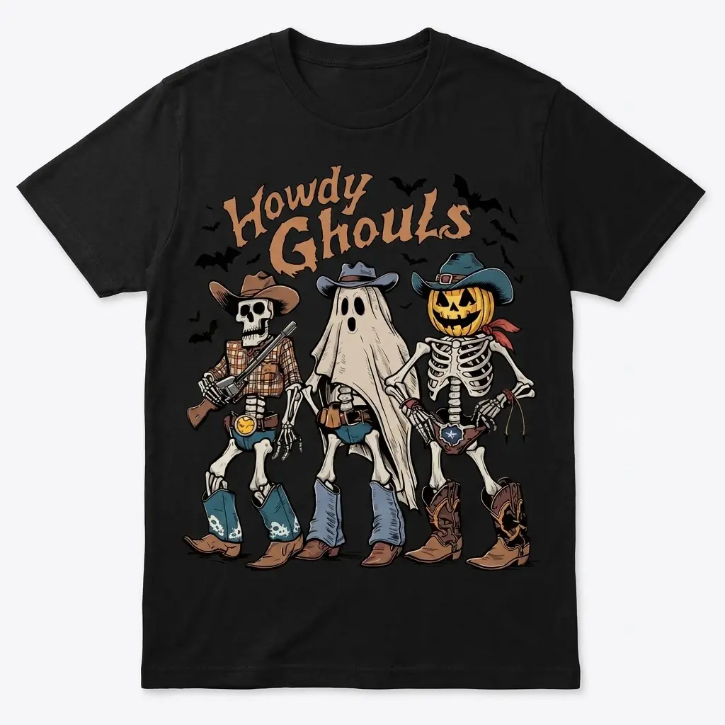 Howdy Ghouls Western Halloween T-Shirt 1 Front view of a Western Halloween T-Shirt featuring cowboy skeletons.