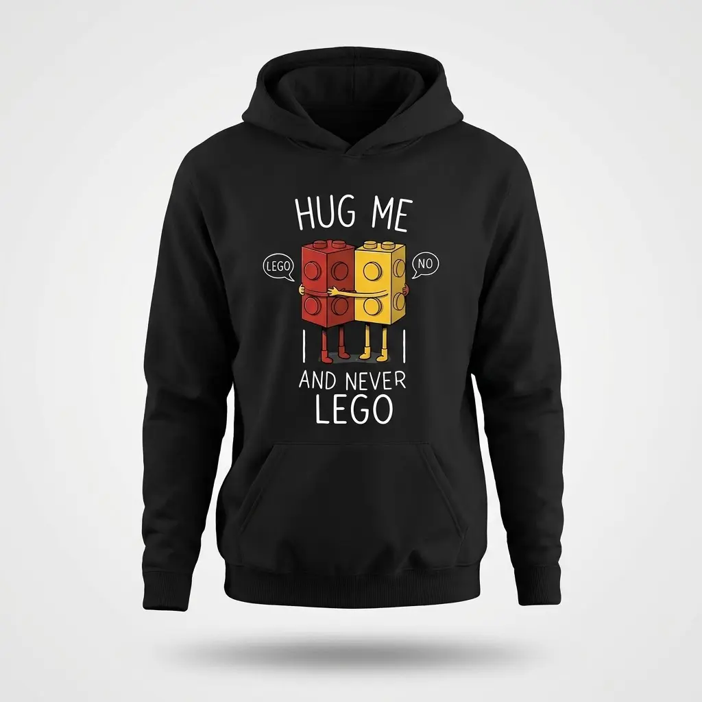 Hug Me and Never Lego Funny Couple T-Shirt 2 Front flat lay of a hoodie printed with the 'Hug Me and Never Lego' hugging toy blocks pun graphic.