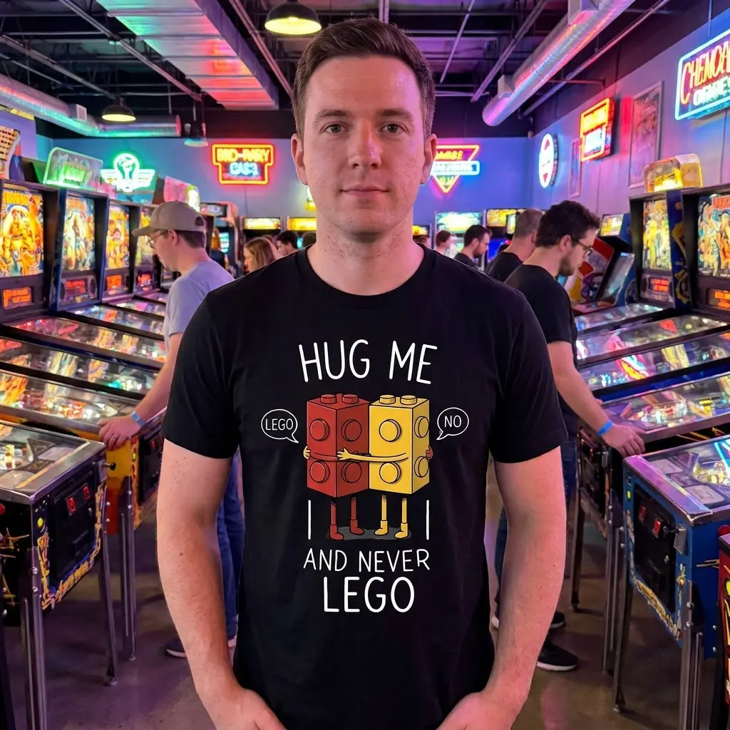 Hug Me and Never Lego Funny Couple T-Shirt 6 Close-up lifestyle view of the playful hugging toy block graphic and 'Hug Me and Never Lego' text on a shirt.