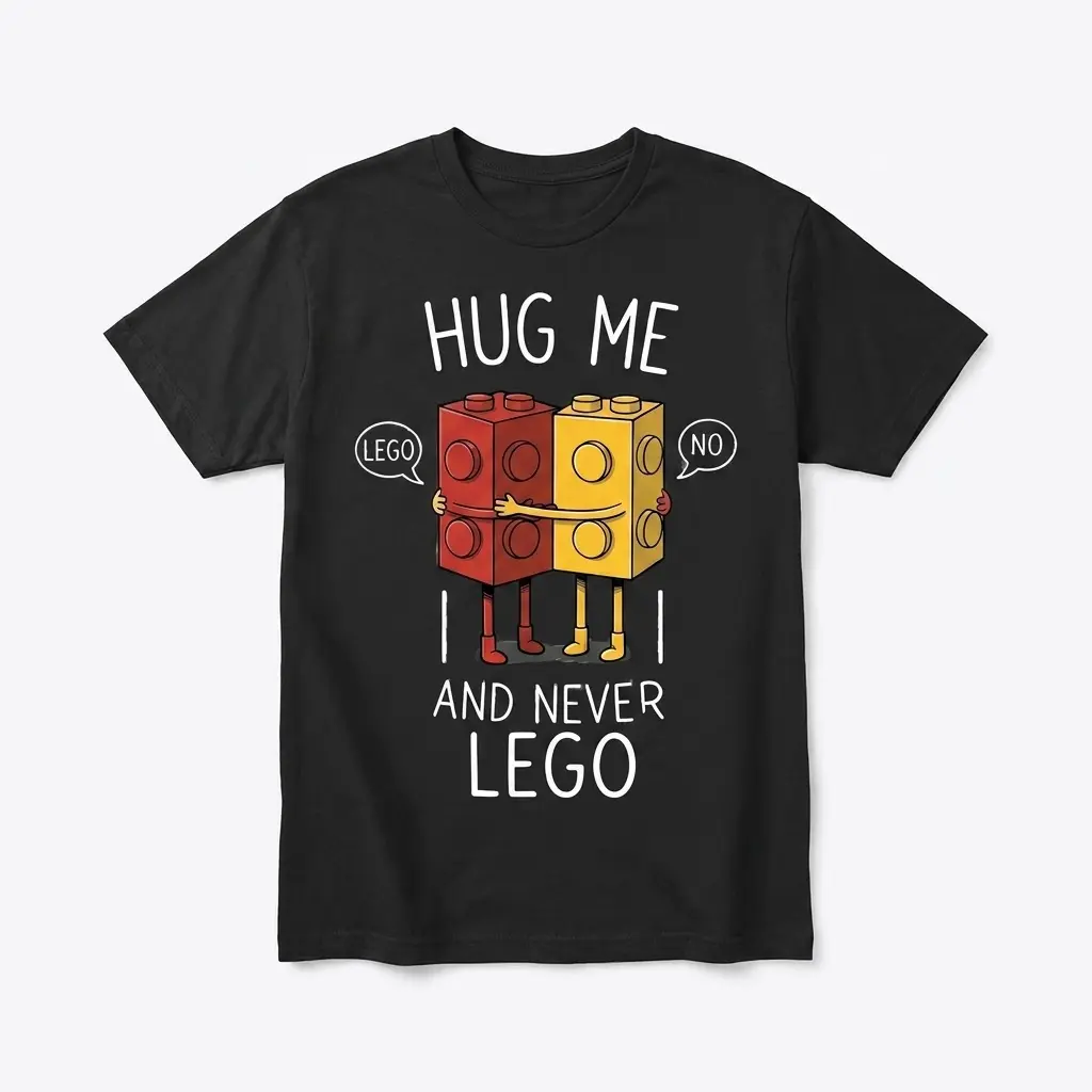 Hug Me and Never Lego Funny Couple T-Shirt 1 Flat lay of a black t-shirt featuring hugging red and yellow toy building bricks with the text 'Hug Me and Never Lego'.