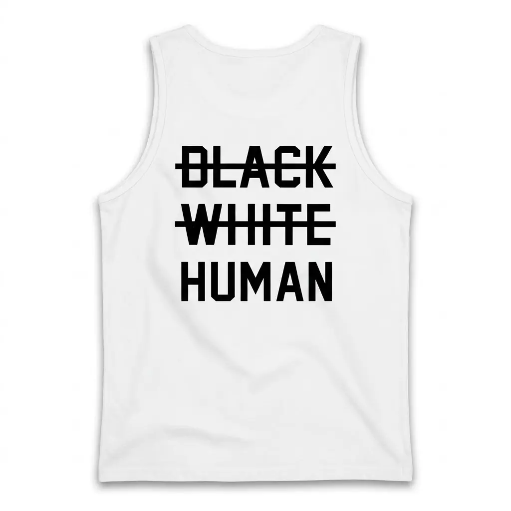 Back view of a white tank top flat lay featuring the human unity graphic with crossed-out race terms and bold HUMAN text.
