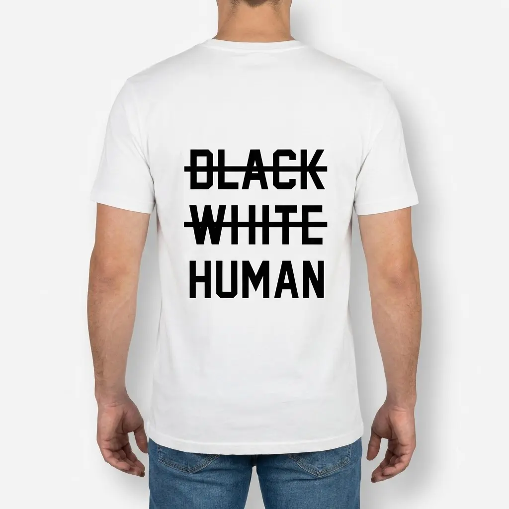 Back view of a man wearing the white anti-racism t-shirt displaying crossed-out racial labels above the word HUMAN.