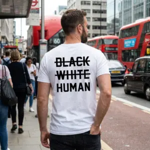 Human Unity Anti-Racism T-Shirt 11 Lifestyle scene highlighting the human unity anti-racism message on the back of white streetwear apparel.