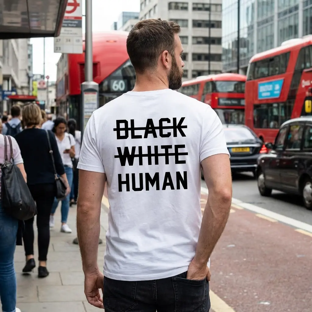 Lifestyle scene highlighting the human unity anti-racism message on the back of white streetwear apparel.