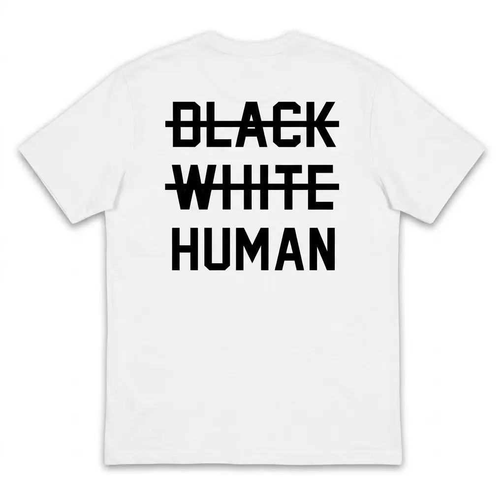 Back of a white t-shirt laid flat, featuring crossed-out words BLACK and WHITE above the bold text HUMAN in black font.