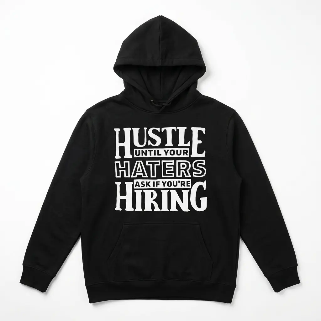 Black shirt displaying motivational text 'Hustle Until Your Haters Ask If You're Hiring'.