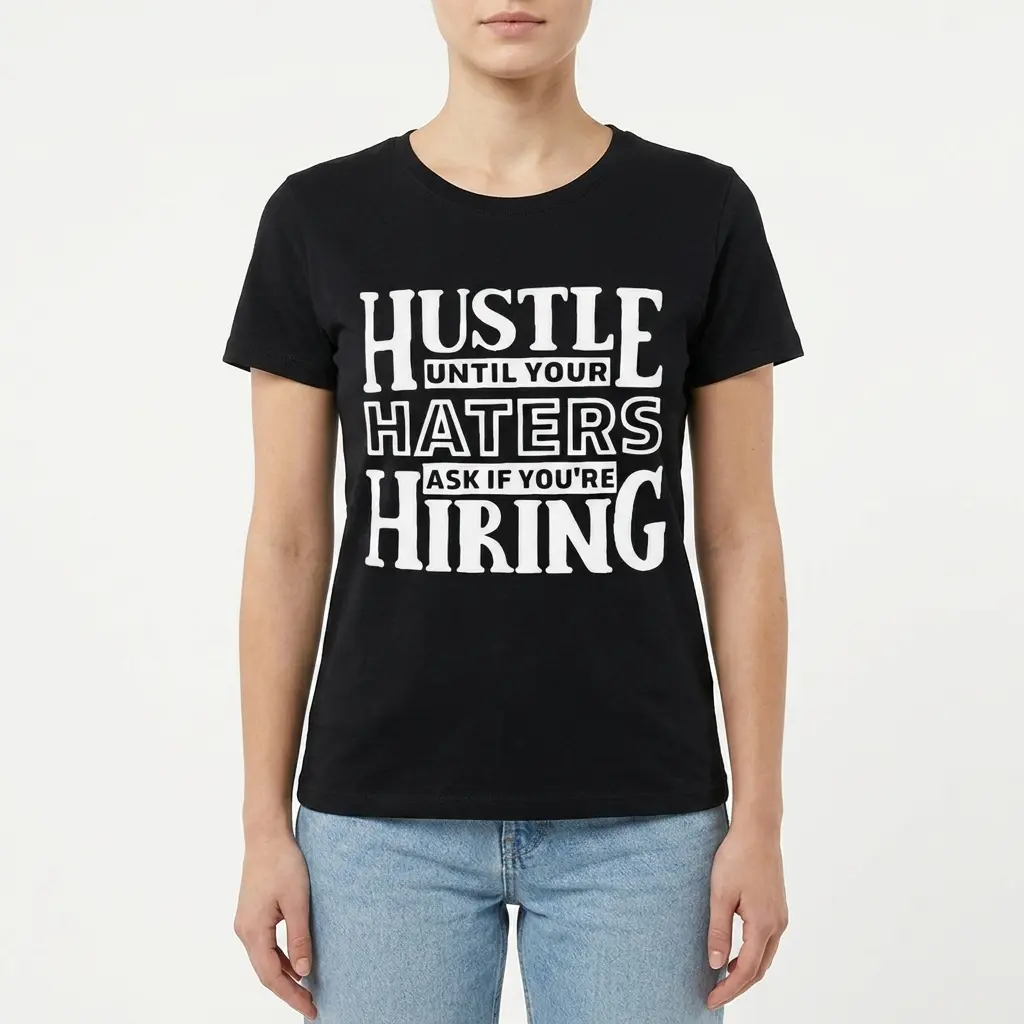 Graphic t-shirt featuring the phrase 'Hustle Until Your Haters Ask If You're Hiring' on black fabric.
