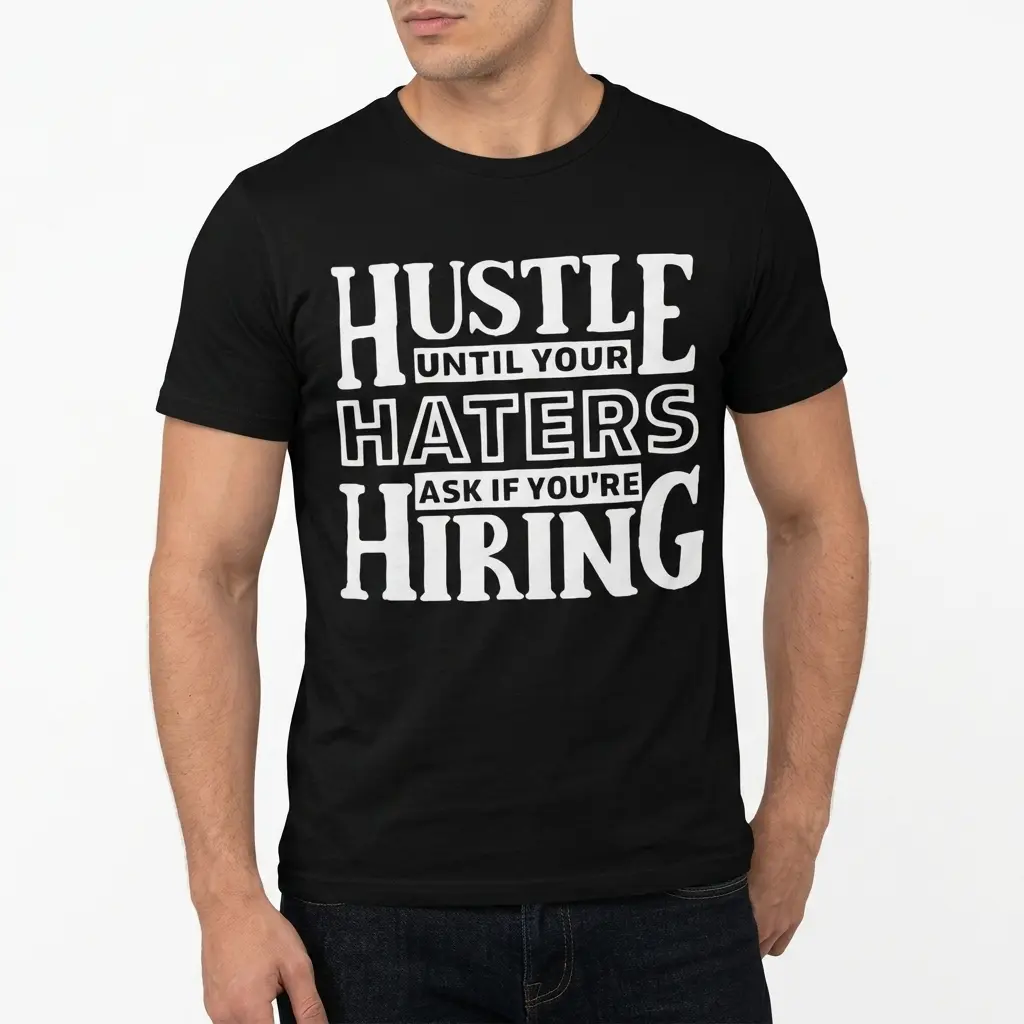 Motivational black t-shirt reading 'Hustle Until Your Haters Ask If You're Hiring'.