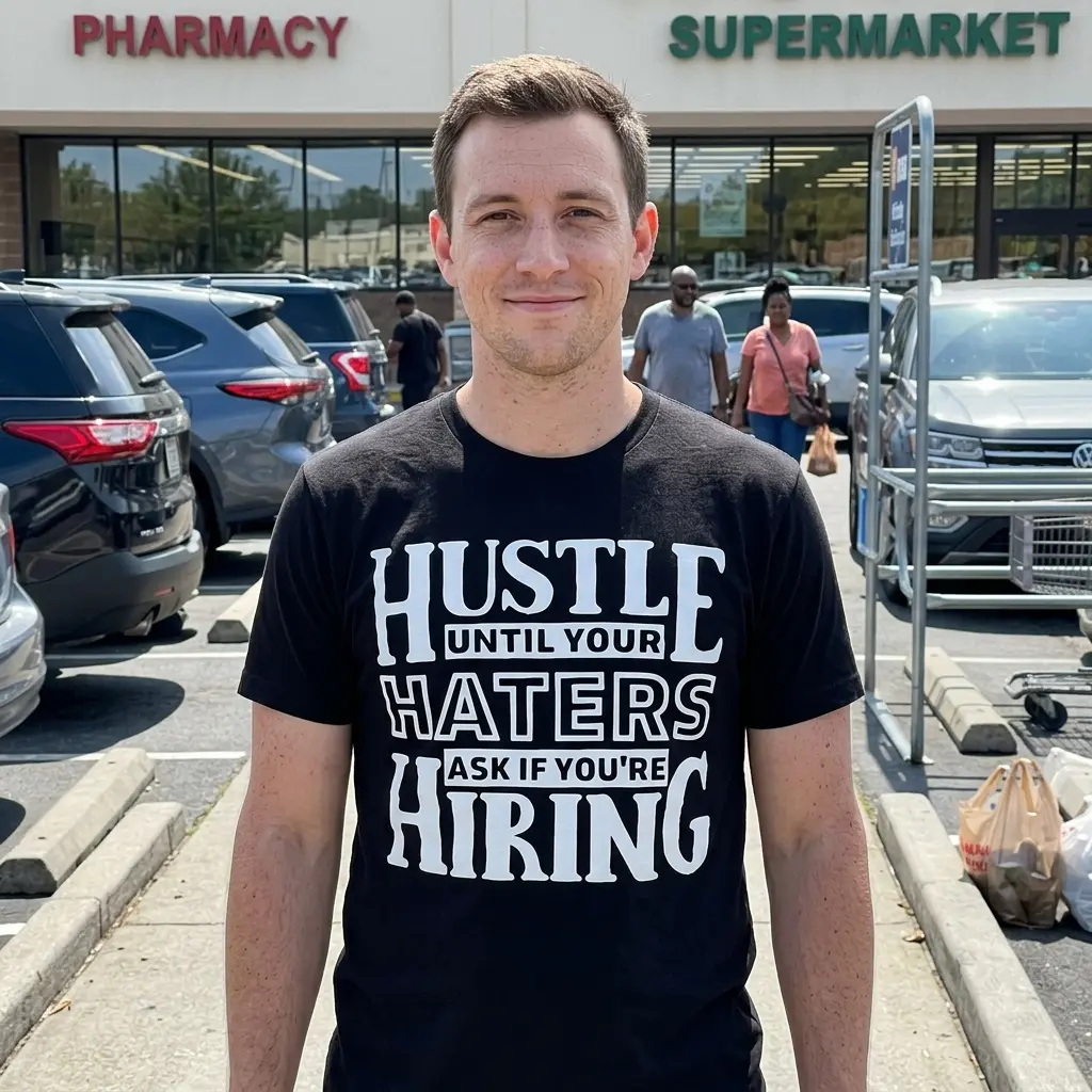 Person wearing a black shirt with white lettering: 'Hustle Until Your Haters Ask If You're Hiring'.