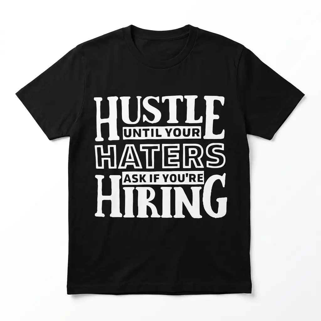 Black t-shirt with text 'Hustle Until Your Haters Ask If You're Hiring'.