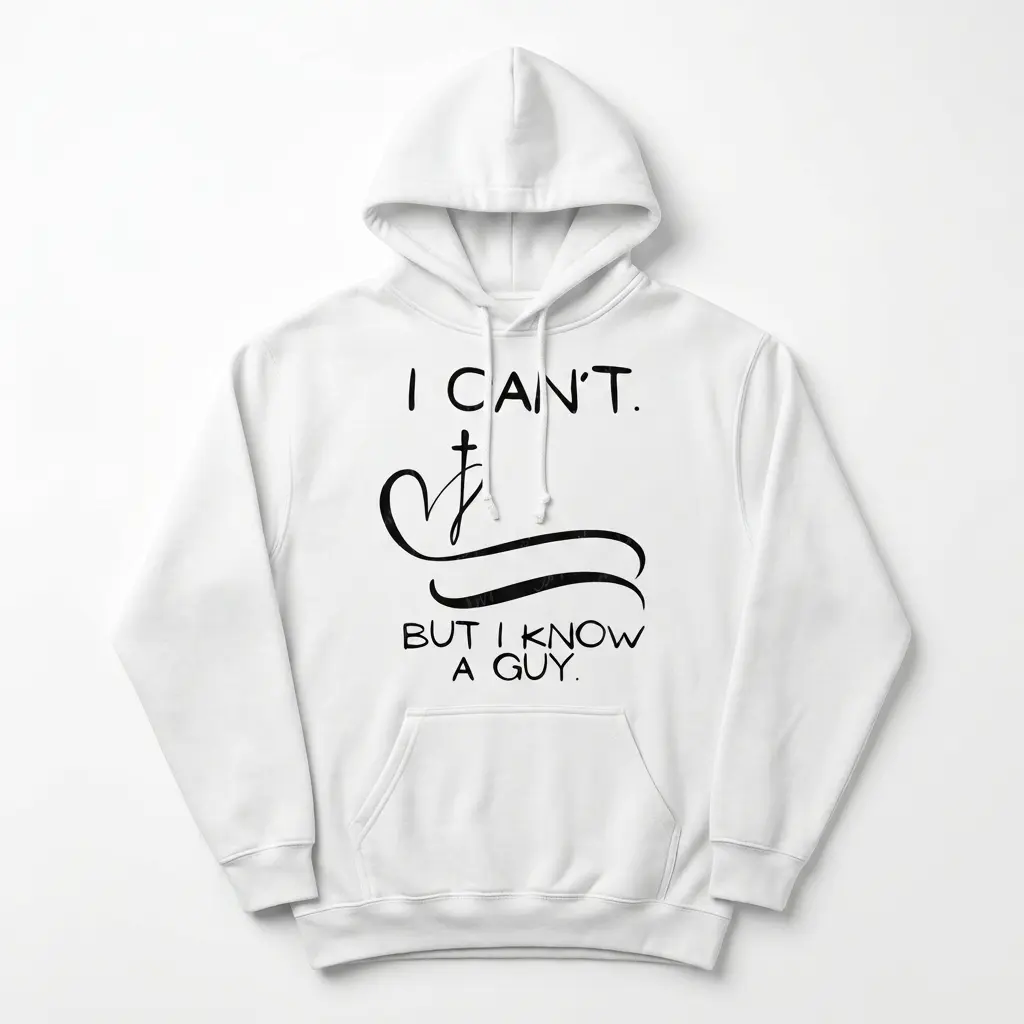 White tee featuring faith-themed text 'I Can't But I Know A Guy' in bold black letters.